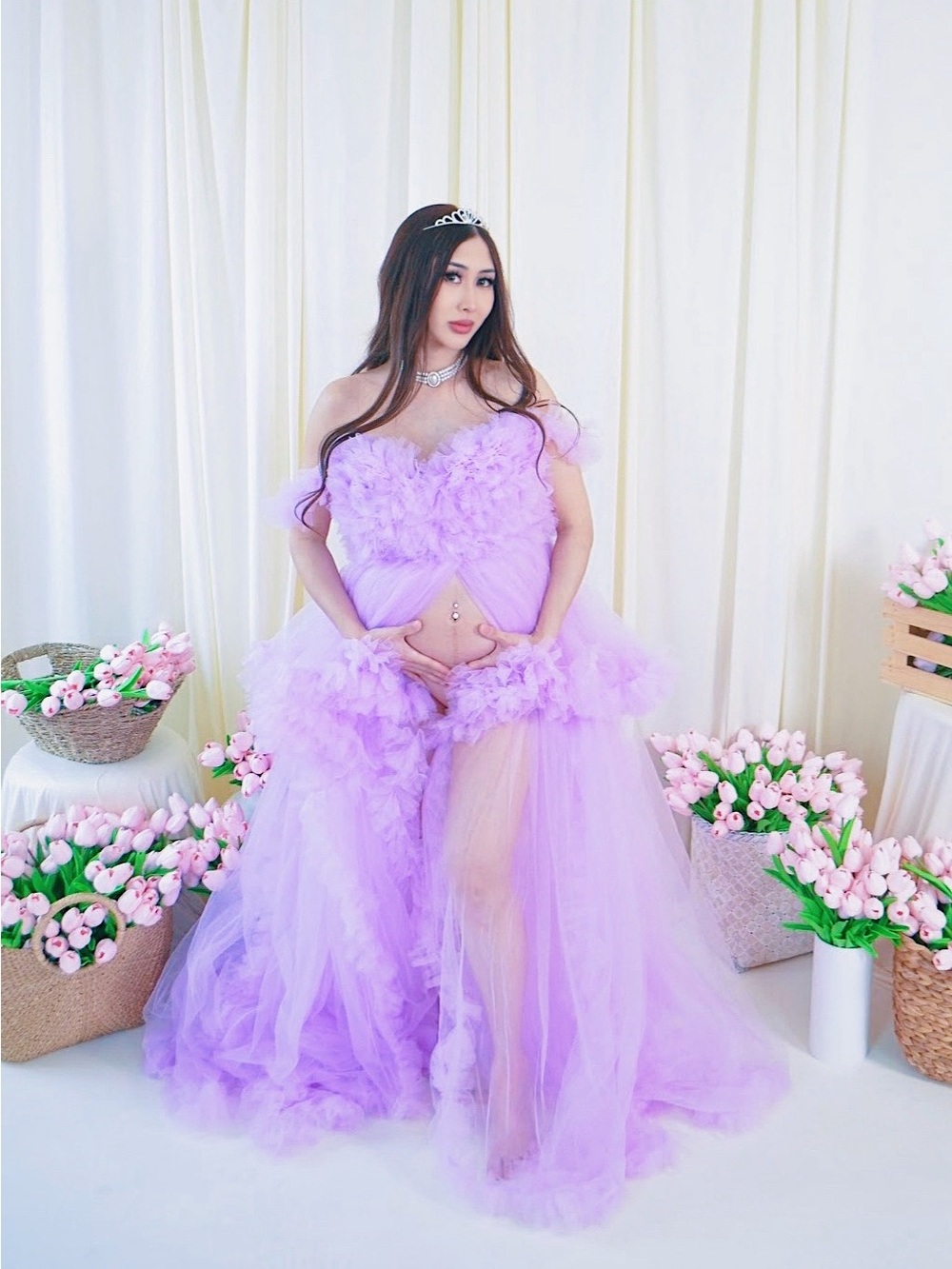 Lilac Tulle Ruffled Off-Shoulder Maternity Gown